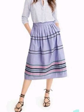 J. Crew Rickrack Trim Poplin Blue Peri Cotton Midi Lined Skirt Size Small